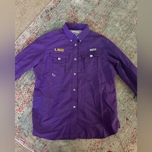 COLUMBIA PFG LSU Tigers COLLEGIATE BAHAMA LONG SLEEVE, Medium. Purple.